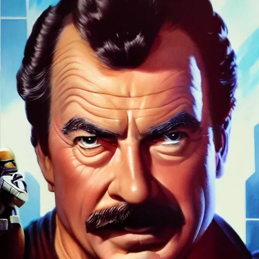 Image similar to ultra realistic head and shoulders portrait painting of tom selleck as cal kestis in star wars jedi fallen order, art by frank frazetta, 4 k, ultra realistic, highly detailed, epic lighting