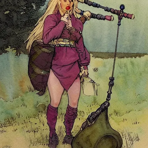 Image similar to a realistic and atmospheric watercolour fantasy concept art of britney spears dressed with scottish clothes and with bagpipe, muted colors. by rebecca guay, michael kaluta, charles vess and jean moebius giraud,