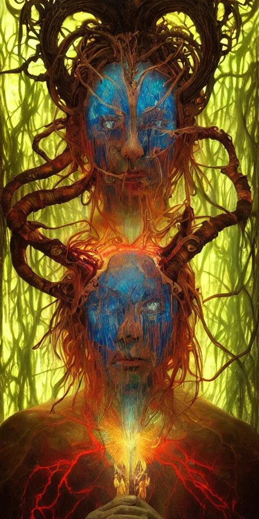 Image similar to intense manic glowing pagan god with ram horns and veins and intense glowing eyes in very dark forest by karol bak and beksinski and alphonse mucha, portrait, fantasy, clear, light beams, lens flare, intense, uhd, red and teal and shining polished gold, amazing depth, cinematic lighting