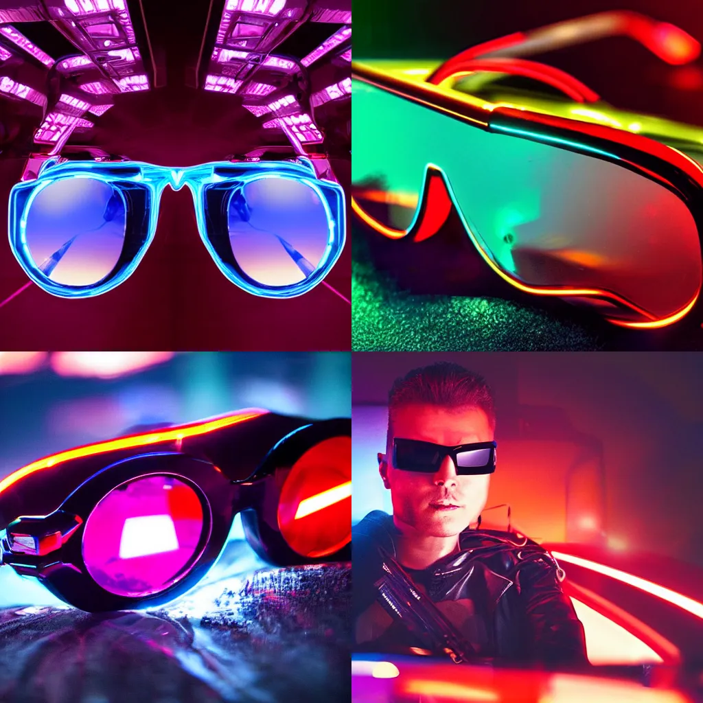 Prompt: vampire spaceship commander neon lights reflect in sunglasses sci-fi movie cyberpunk