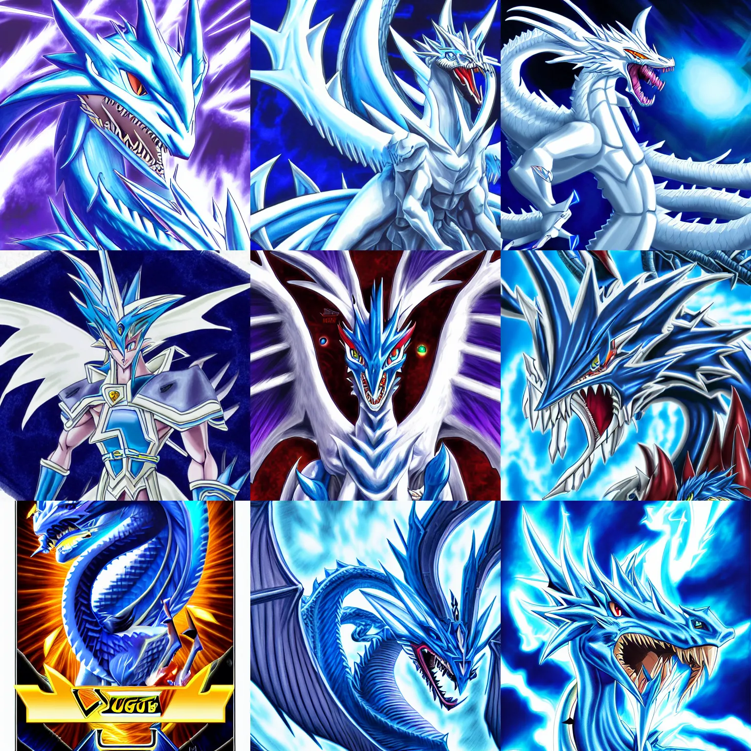 Prompt: yugioh card, blue eyes white dragon, detailed high resolution illustration