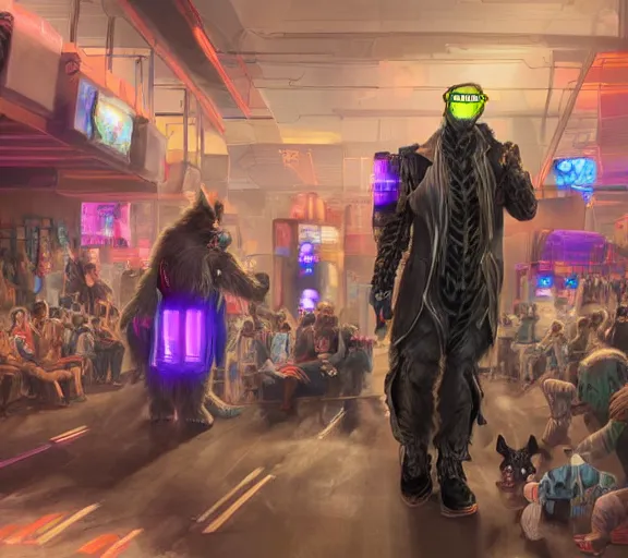 Image similar to high - resolution photograph from a cyberpunk era furry fandom convention ( midwest furfest 2 0 4 7 ), taking place after the genetic revolution and quantum singularity. photorealistic.