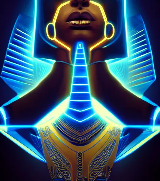 Image similar to symmetry!! egyptian prince of technology, solid cube of light, hard edges, product render retro - futuristic poster scifi, lasers and neon circuits, brown skin man egyptian prince, intricate, elegant, highly detailed, digital painting, artstation, concept art, smooth, sharp focus, illustration, dreamlike, art by artgerm