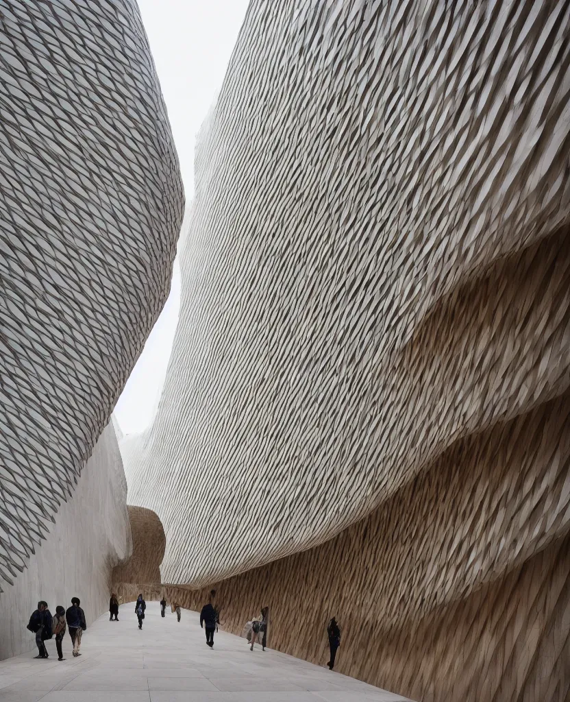 Prompt: a stunning cultural center, complex japanese joinery, people walking, architectural photography