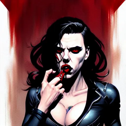 Image similar to rafael albuquerque comic art, peter mohrbacher, steve niles, artgerm, pretty scarlett johansson vampire sharp vampire teeth open mouth, symmetrical eyes, black leather jacket, jeans, long blonde hair