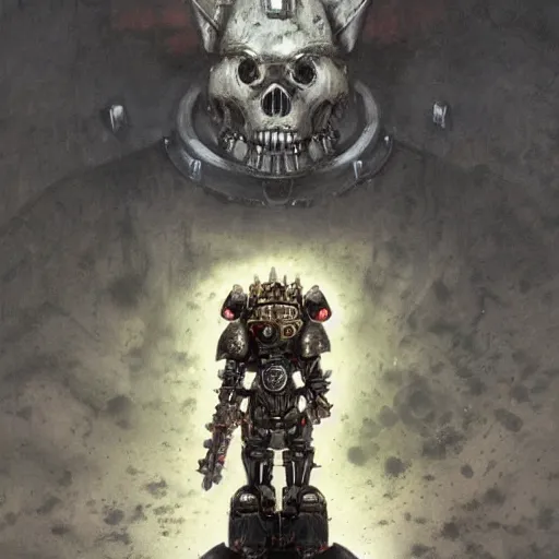 Image similar to warhammer 4 0 k god emperor bones power armor, anthropomorphic shiba inu face visible metal, stuning 3 d render, masterpiece, glowing black aura, foggy dark, by donato giancola and greg rutkowski and wayne barlow and zdzisław beksinski, realistic face