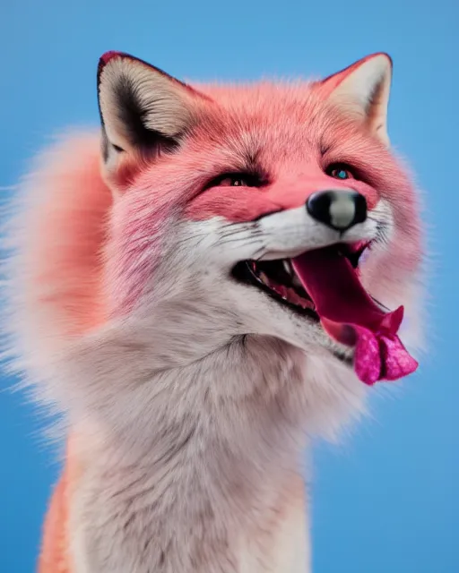 Prompt: pink fox yawning, portrait, blue background, 8 k, 8 5 mm f 1. 8