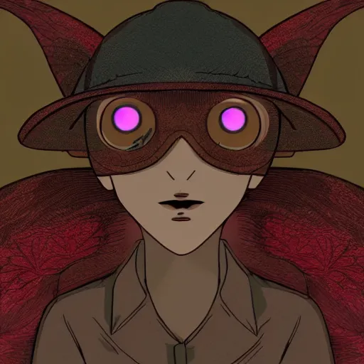 Image similar to 4K headshot of mothman with a mushroom hat and rouch clothes with giant wings , intricate face , flawless anime cel animation by Manabu Oshashi and Satoshi Kon, professionally post-processed , beautiful, scary, symmetry accurate features, epic, octane rendered, anime masterpiece, accurate