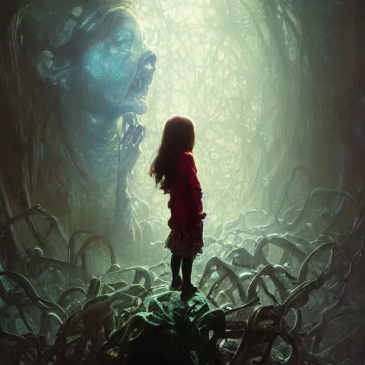 Prompt: an unimaginable artificial horror menacingly looms over a crouched, scared girl by stanley artgerm lau, greg rutkowski, thomas kindkade, alphonse mucha, loish, norman rockwell.