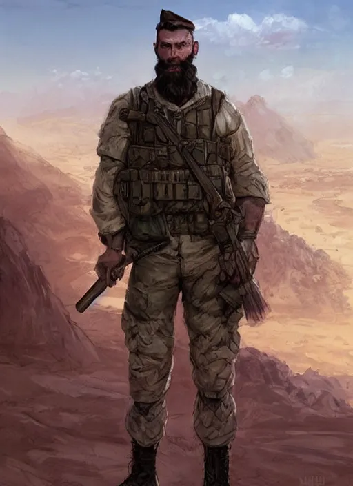 Prompt: purple lighting, detailed character concept illustration, white male strong muscular mature soldier with beard and short hair in a soldier uniform, desert with city in the background, sharp focus, illustration, highly detailed, digital painting, concept art, matte, art by wlop and artgerm and greg rutkowski, masterpiece