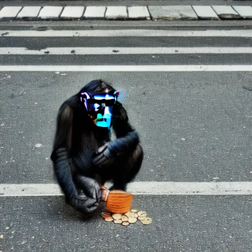 Image similar to a 5 0 mm photo of a chimpanzee picking up pennies on a street in manhattan, hyperrealistic