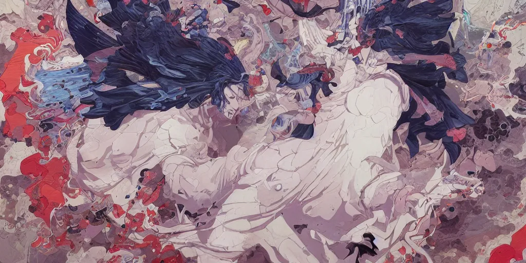 Image similar to gigantic angels oil painting art by james jean and katsuhiro otomo and erik jones, inspired by akira anime, smooth feature, intricate oil painting, high detail illustration, sharp high detail, 1 9 9 9