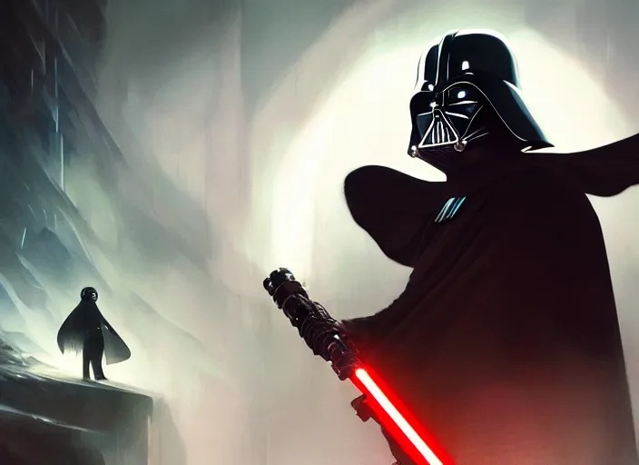 Image similar to a Photorealistic dramatic hyperrealistic render of darth vader with lightsaber drawn facing off against a calm cute corgi in battle, futuristic star wars vibe, by WLOP and Artgerm and Greg Rutkowski and Alphonse Mucha, Beautiful dynamic dramatic dark moody lighting, shadows, cinematic atmosphere, Artstation, concept design art, Octane render, 8K, masterpiece, sharp focus