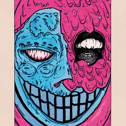 Prompt: crying wobbly eyes mouth pink ice cream, blue waffle cone, jester themed, intricate concept art, thick line drawing, 1 9 8 3 horror painted book cover art