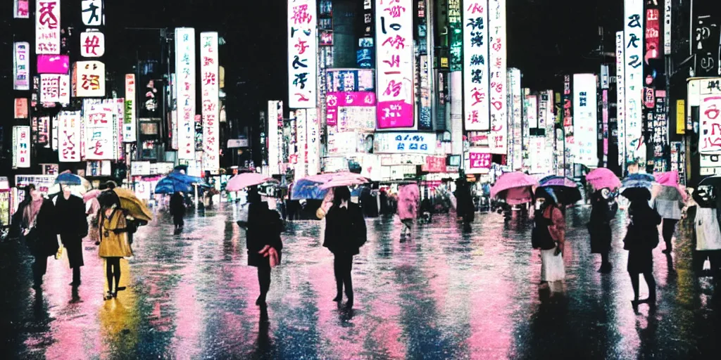 Prompt: analog photo of Japanese women in tokyo, at night, rain, pink yellow and blue neon signs