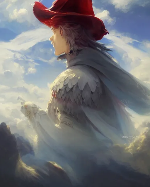Prompt: A Full View of a Red Mage wearing magical shining armor and a feathered hat surrounded by an epic cloudscape. Magus. Red Wizard. Magimaster. Fantasy Illustration. masterpiece. 4k digital illustration. by Ruan Jia and Mandy Jurgens and Artgerm and greg rutkowski and Alexander Tsaruk and WLOP and Range Murata, award winning, Artstation, art nouveau aesthetic, Alphonse Mucha background, intricate details, realistic, panoramic view, Hyperdetailed, 8k resolution, intricate art nouveau