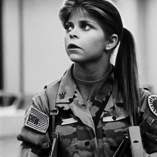 Image similar to linda hamilton in a military base, 1 9 8 7, movie still