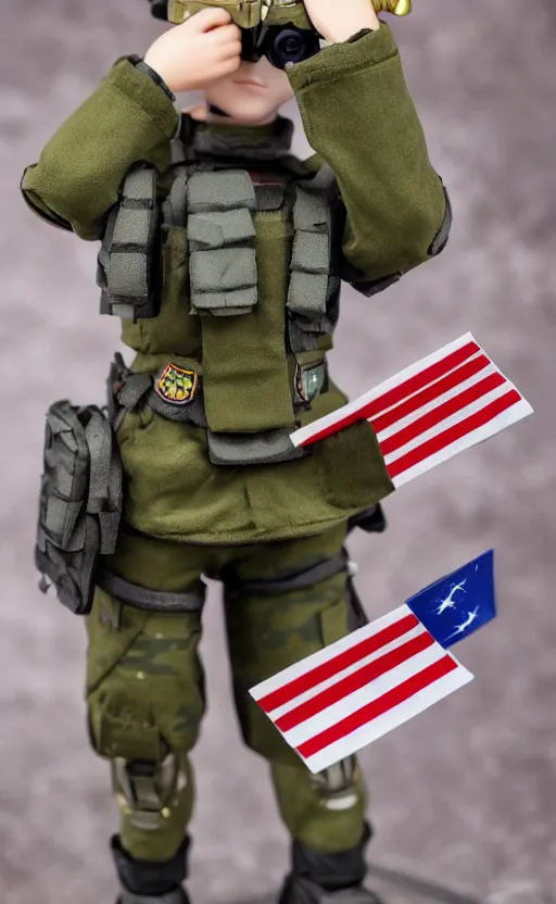 Prompt: toy design, military flags, portrait of soldier girl, 2022 anime style, anime figma figure, cosplay photo, flight squadron insignia, soldier clothing, realistic military gear, inspired by good smile company, 120mm, round elements, photo taken by professional photographer, by shibafu, trending on facebook, symbology, anime character anatomy, high resolution, matte, empty hands, realistic military carrier