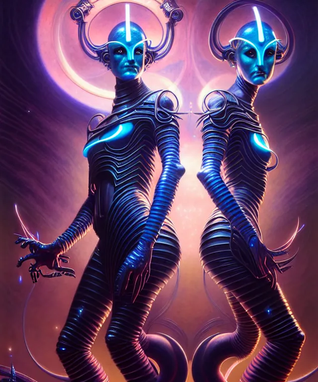 Prompt: beautiful gemini twins fantasy character portrait, ultra realistic, wide angle, intricate details, tron artifacts, highly detailed by peter mohrbacher, hajime sorayama, wayne barlowe, boris vallejo, aaron horkey, gaston bussiere, craig mullins