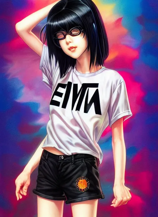 Image similar to richly detailed colored pencil 3 d illustration woman silky straight black hair with iridescence wearing nirvana logo tshirt and short black shorts, she staring at the camera happily art by range murata and artgerm.