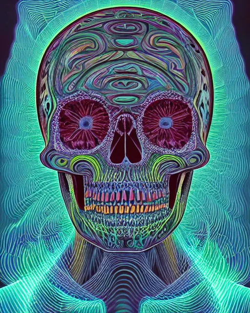 Prompt: skull by luis toledo and alex grey and beeple