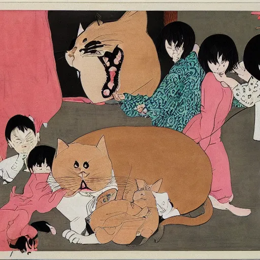 Prompt: an art piece of people getting eaten by a giant cat tsuguharu foujita