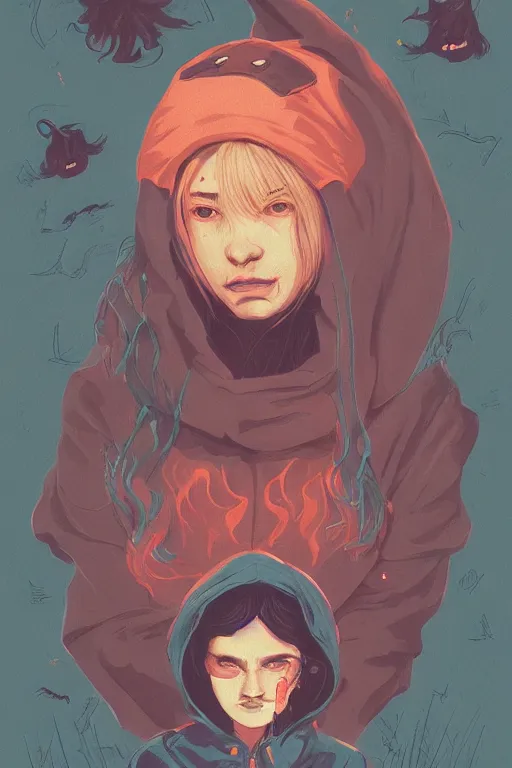 Image similar to portrait of a witch fire with hoodie by Sachin Teng and wlop