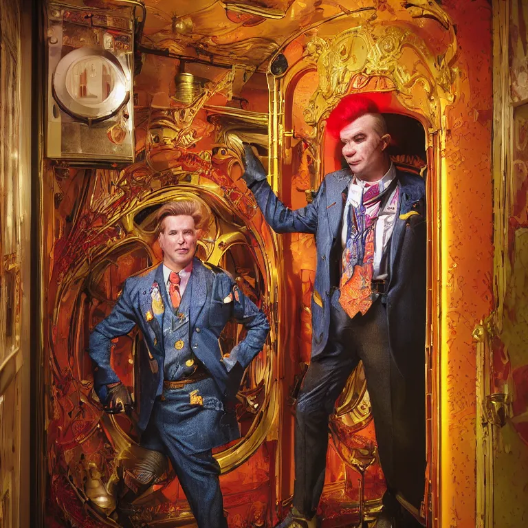 Image similar to professional octane render portrait by wayne barlow and carlo crivelli and glenn fabry, a flamboyant man in a bright colorful saturated wes anderson elevator operator costume inside a dark and moody vintage elevator in a high - end exotic vintage boutique hotel, very short depth of field, bokeh, gears of war