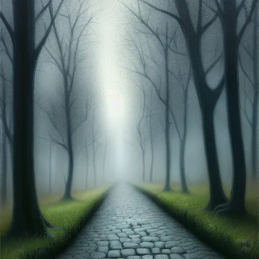 Prompt: in the style of gerald brom, beautiful small down, cobblestone roads, low light, end of day, trees, forest in the distance, light mist