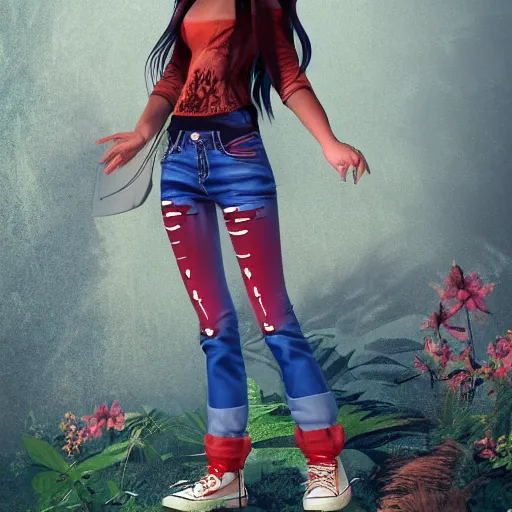 Image similar to kena bridge of spirits, 3 d character zbrush, hispanic girl using tight white and red raglan sleeves, tight blue jeans and cool shoes, silky long black hair with bangs in a tropical forest, artstation