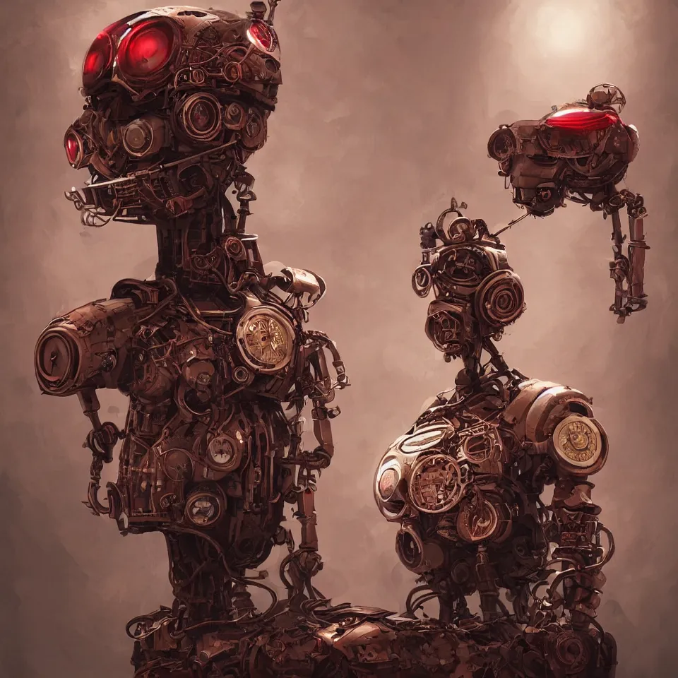 Image similar to a detailed concept art steampunk of a bust robot bird, gradient dark red, cream and white color scheme, dynamic lighting, cinematic, epic composition, masterpiece