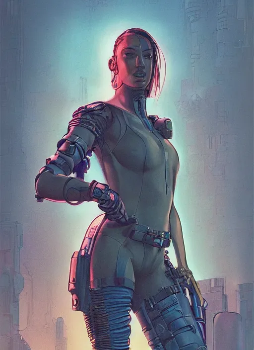 Image similar to cyberpunk mercenary. portrait by mœbius and will eisner and gil elvgren and pixar. realistic proportions. cyberpunk 2 0 7 7, apex, blade runner 2 0 4 9 concept art. cel shading. attractive face. thick lines.