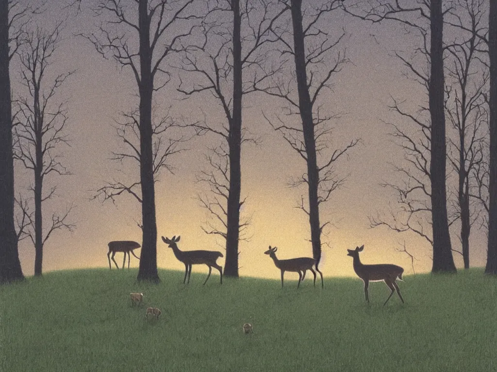 Image similar to a young deer on a suburban lawn at dusk, by quint buchholz and dean ellis