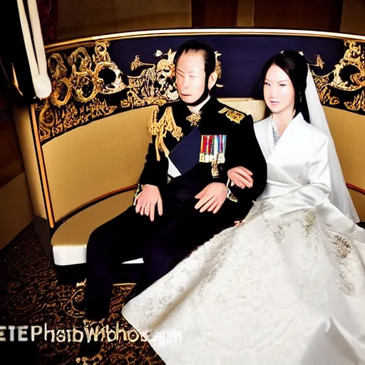 Prompt: An extreme long shot wide shot, colored black and white Russian and Japanese mix historical fantasy a photograph portrait taken at the empress and emperor's royal wedding inside the imperial carriage going back to the palace, they had a private moment together, golden hour, warm lighting, 1907 photo from the official wedding photographer for the royal wedding. Cinematic, atmospheric lighting, extreme detail, 8K, movie still.