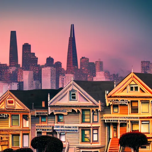 Image similar to a photograph of the painted ladies in san francisco at sunset artstation cyberpunk dreamscape high definition