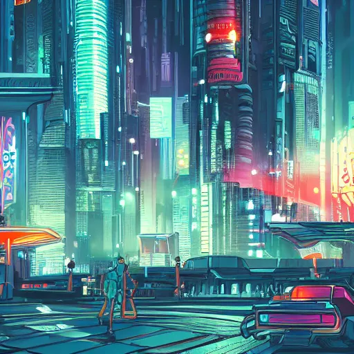 Image similar to Cyberpunk City, background art, Lucas Arts Adventure