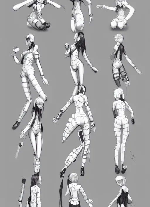 Image similar to detailed spot illustrations of various character concepts, perfect android girl, full body, artgem, scifi, futuristic design, bae, suzy, long white hair, various poses, concept art, trending on artstation