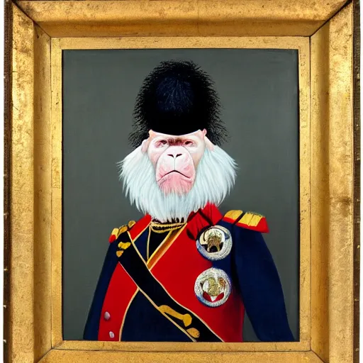 Image similar to An exquisite modern painting of an albino chimpanzee dressed like a bearded Napoleon with correct military uniform, no frames