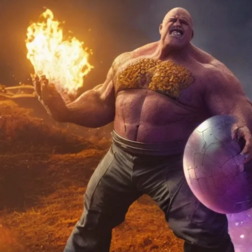 Image similar to a screenshot of Danny Devito playing Thanos in Avengers Endgame