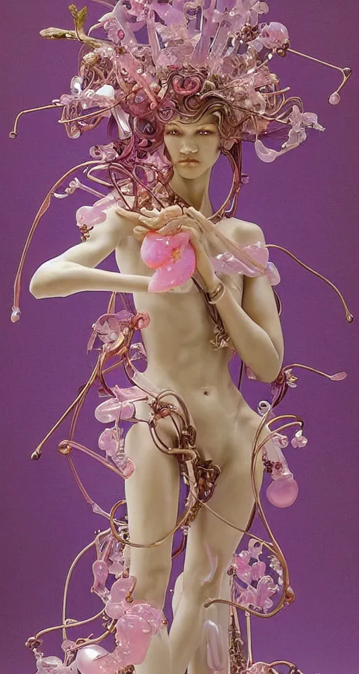 Prompt: a beautiful art nouveau zendaya cyborg made of pink quartz, graceful pose, floating translucent veils, glass orchids, 1 8 th century ornaments, by hajime sorayama, alphonse mucha, hans ruedi giger,