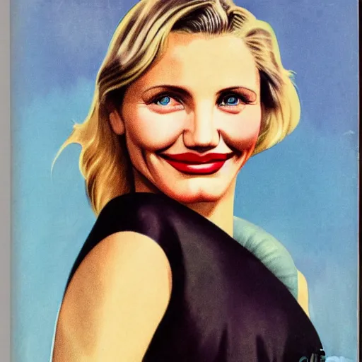 Image similar to Cameron Diaz portrait, color vintage magazine illustration 1950