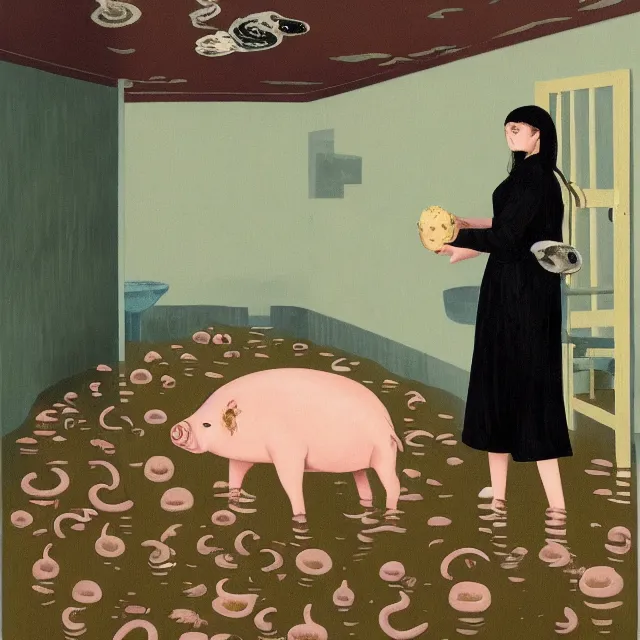 Image similar to tall female emo artist holding a pig in her flooded bathroom, mushrooms, octopus, water gushing from ceiling, painting of flood waters inside an artist's bathroom, a river flooding indoors, pomegranates, pigs, ikebana, zen, river, rapids, waterfall, black swans, canoe, berries, acrylic on canvas, surrealist, by magritte and monet