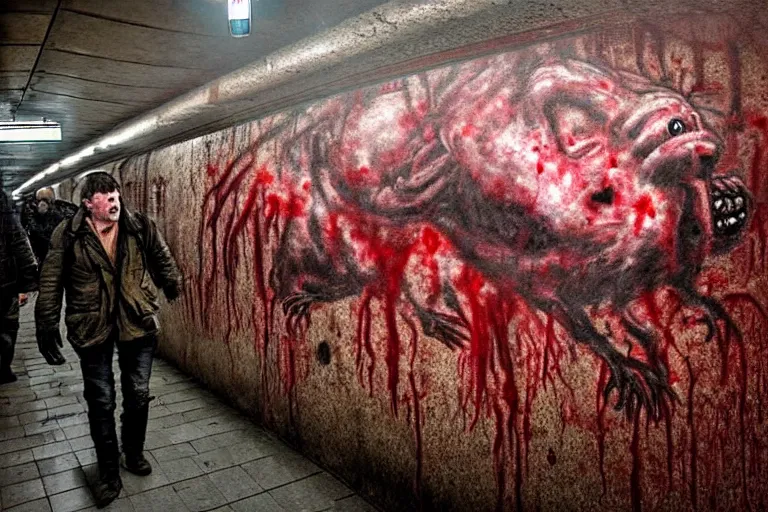 Prompt: very large giant mutant zombie irradiated angry rat staying on railways in tonnel of moscow subway. extreme high detail, very realistic. low dark light, scary mood. hermann nitsch