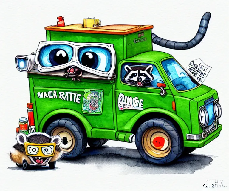 Image similar to cute and funny, racoon wearing goggles driving a tiny garbage truck, ratfink style by ed roth, centered award winning watercolor pen illustration, isometric illustration by chihiro iwasaki, edited by craola, tiny details by artgerm and watercolor girl, symmetrically isometrically centered