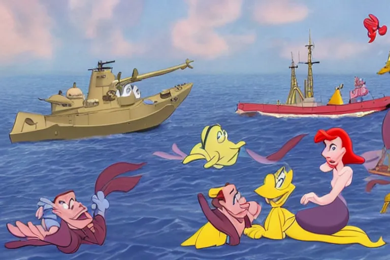 Image similar to still from the disney cartoon, little mermaid enlists in the navy, animated military, helicopters