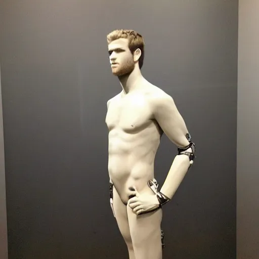 Image similar to “a realistic detailed photo of a guy who is an attractive humanoid who is half robot and half humanoid, who is a male android, actor Liam Hemsworth, shiny skin, posing like a statue, blank stare, at the museum, on display”