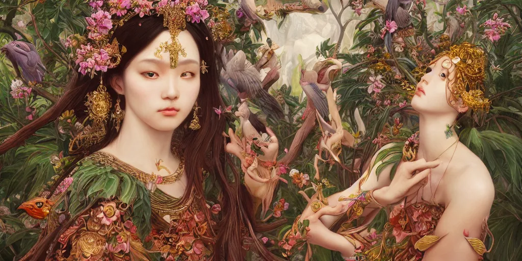 Prompt: breathtaking detailed concept art painting of the goddess of exotic bird, orthodox saint, with anxious, piercing eyes, ornate background, amalgamation of leaves and flowers, by hsiao - ron cheng and john james audubon and miho hirano, extremely moody lighting, 8 k