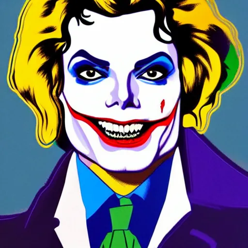 Image similar to michael jackson as the joker laugh on camera. symmetrical anatomy, hyperdetailed, coloured comic, baroque, pop art style, fantasy, without duplication, art by roy lichtenstein and andy warhol and vinicius gud and gustavo zambelli, intricate, trending artstation, dribble popular.