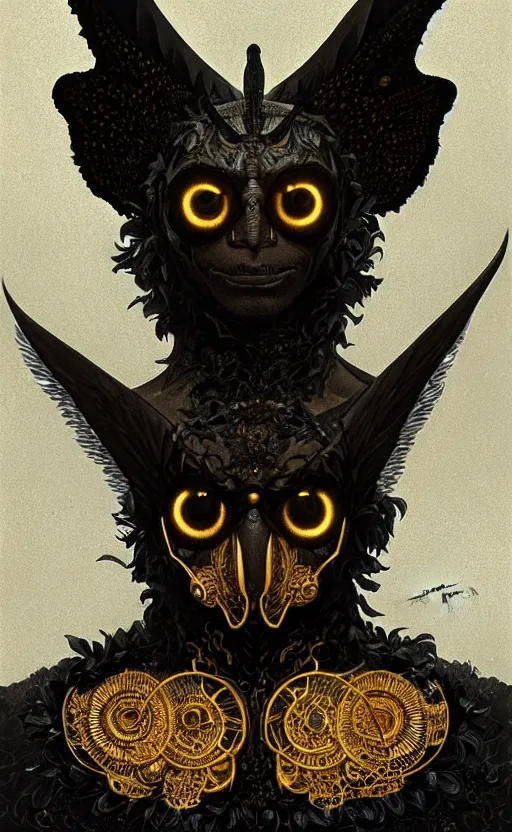 Image similar to a detailed portrait of a black mothman, wearing a golden crown, concept art, deep focus, intricate, highly detailed, digital painting, artstation, matte, sharp focus, illustration, art by greg rutkowski and alphonse mucha