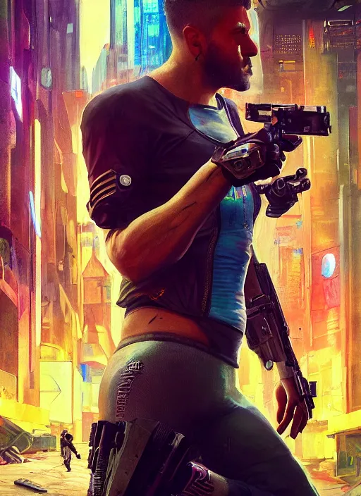 Image similar to cyberpunk combat sports. javier the 2 0 7 8 champion in athletic gear. blade runner 2 0 4 9 concept painting. epic painting by james gurney, azamat khairov, and alphonso mucha. artstationhq. painting with vivid color. ( rb 6 s, cyberpunk 2 0 7 7 )